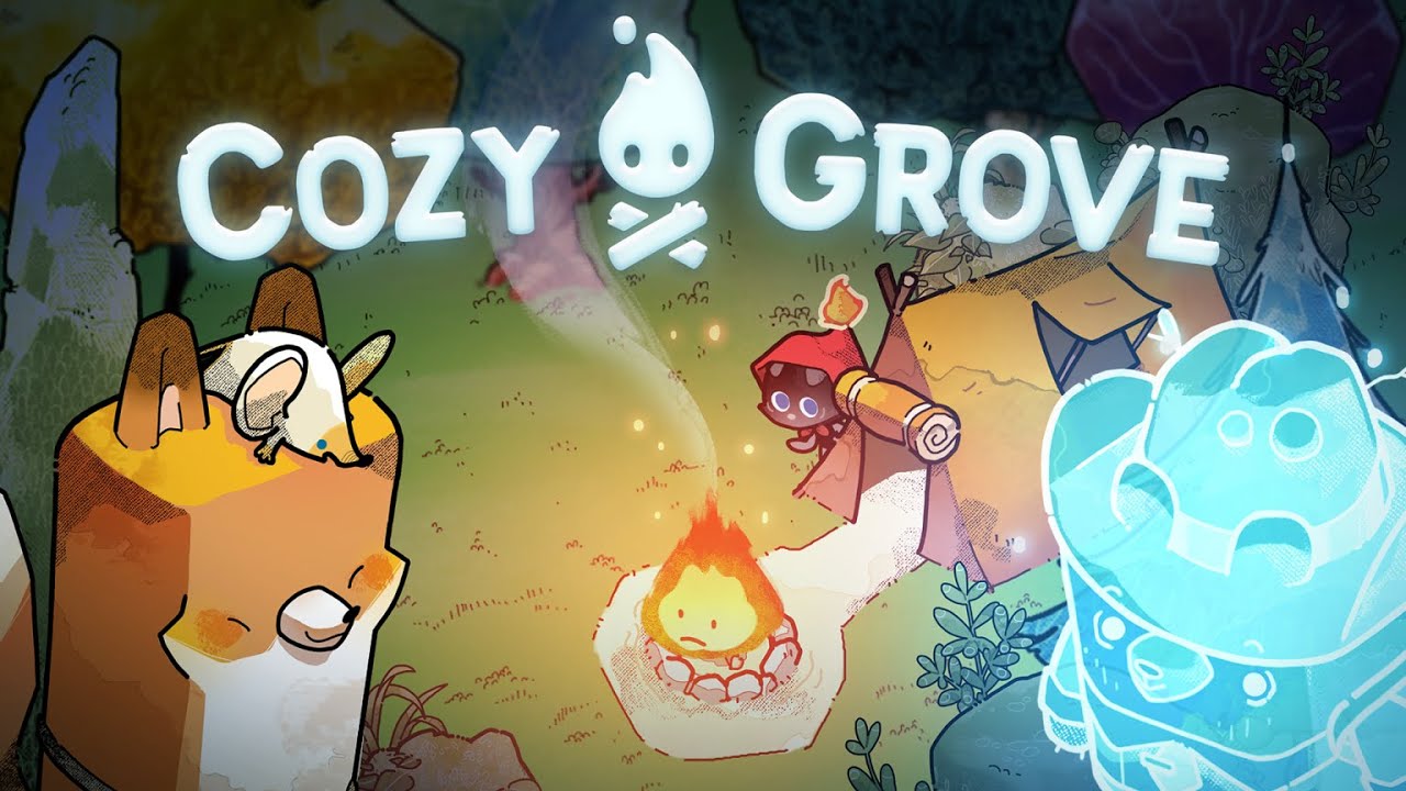 image from cozy grove of kit, flamey, imp, and charlotte pine ghost with "cozy grove" written above